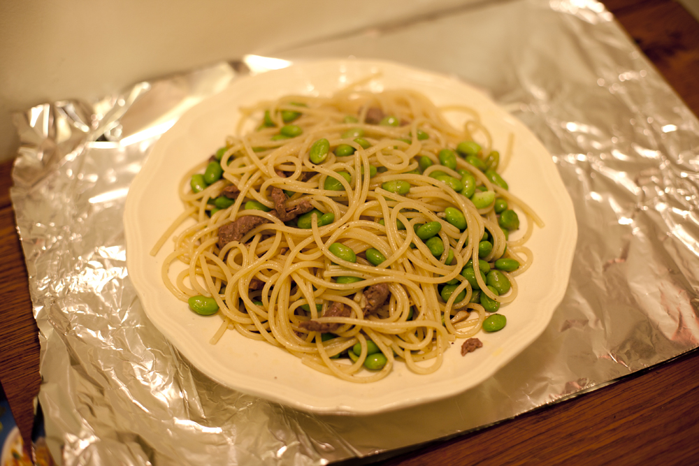 Whalemeat Spaghetti w soya beans